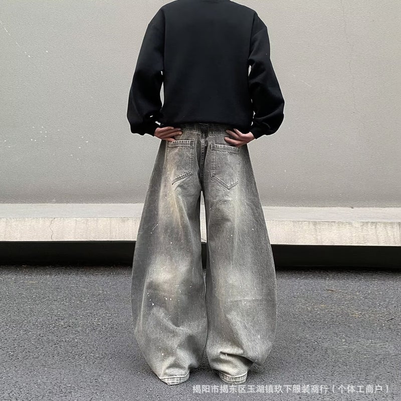 2025 American Retro Street Distressed Cat Whiskers Scimitar Small Crowd Washed Splash Ink Lazy Profile Wide Leg Denim - Image 2